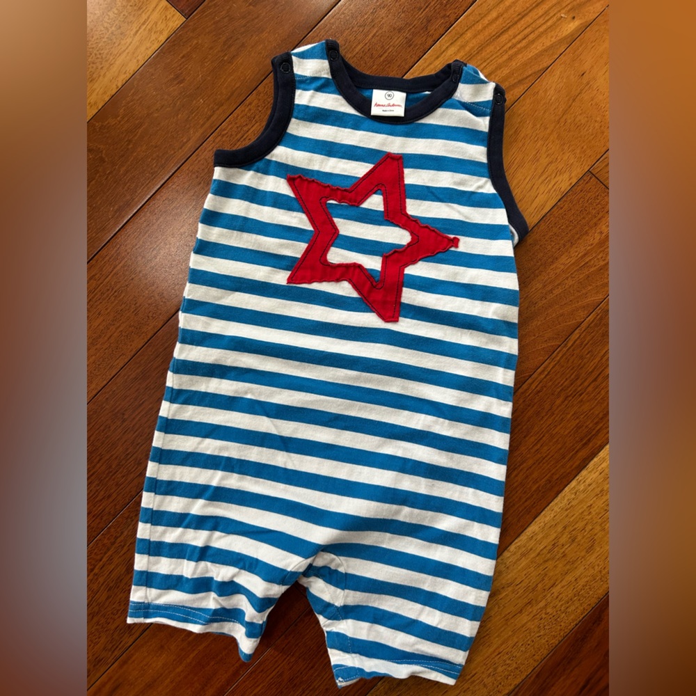 Hanna Andersson Blue and White Striped One Piece with Red Star